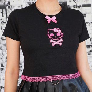 LYUU KITTY SKULL PINK CROP TOP - hello kitty goth
